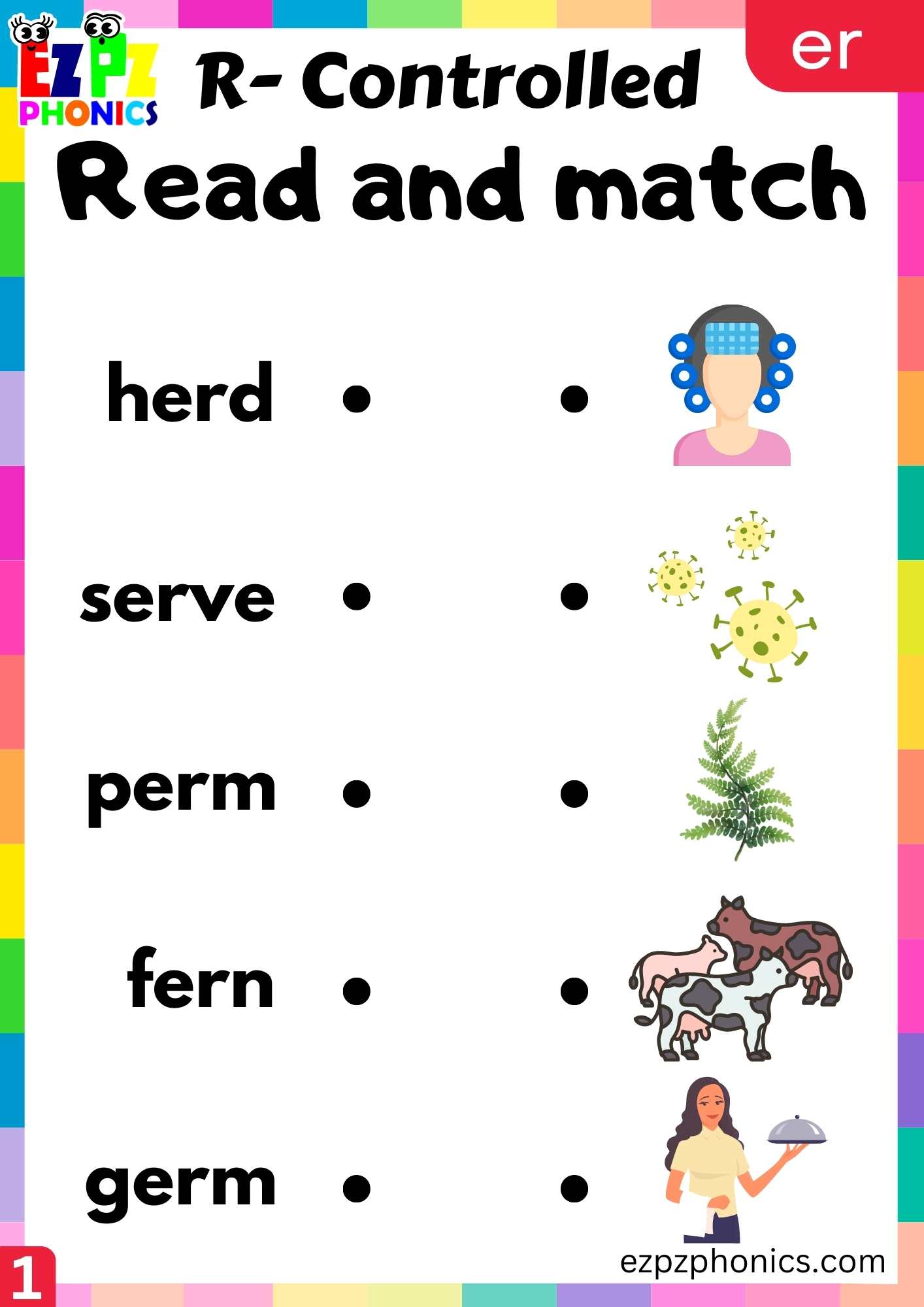 Read and match activity for er words R controlled vowels phonics group 1